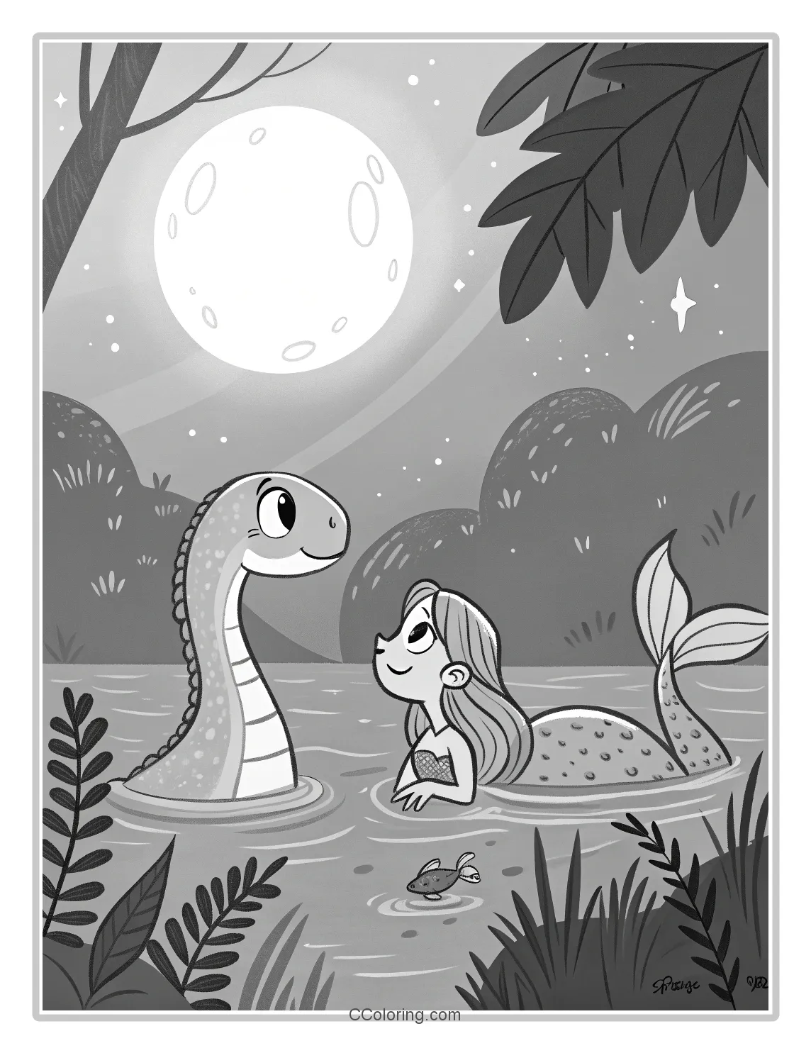 a baby Plesiosaurus and a beautiful mermaid