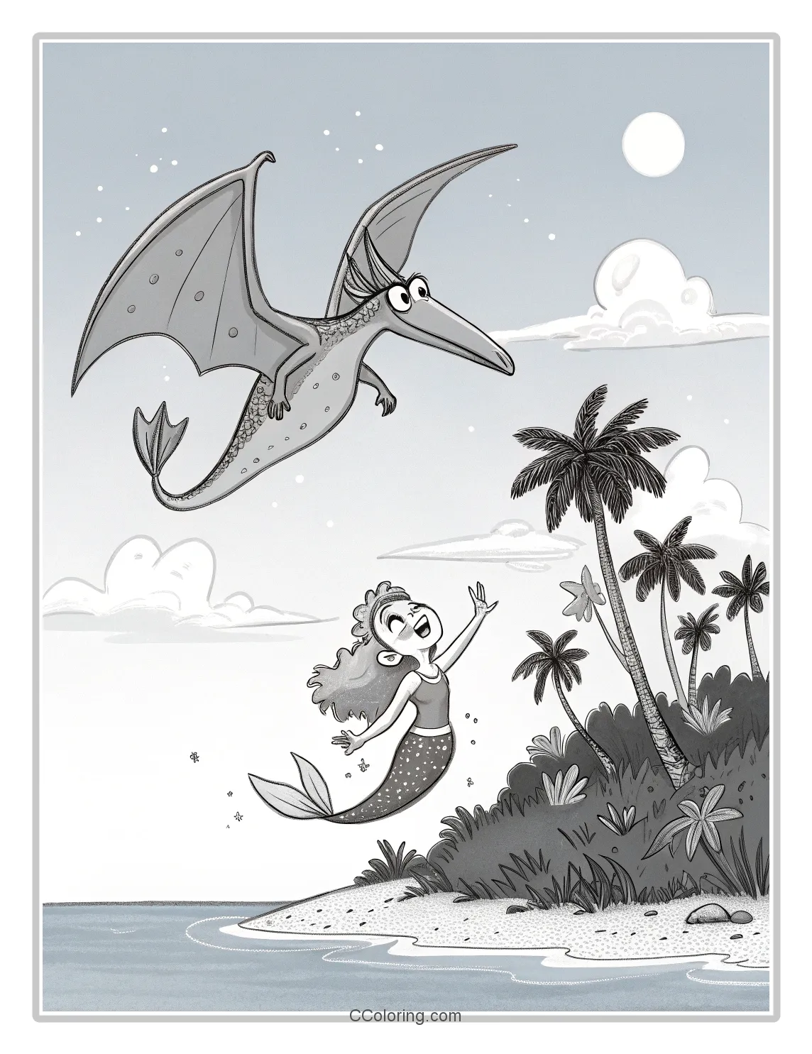 a baby Pteranodon and a beautiful mermaid