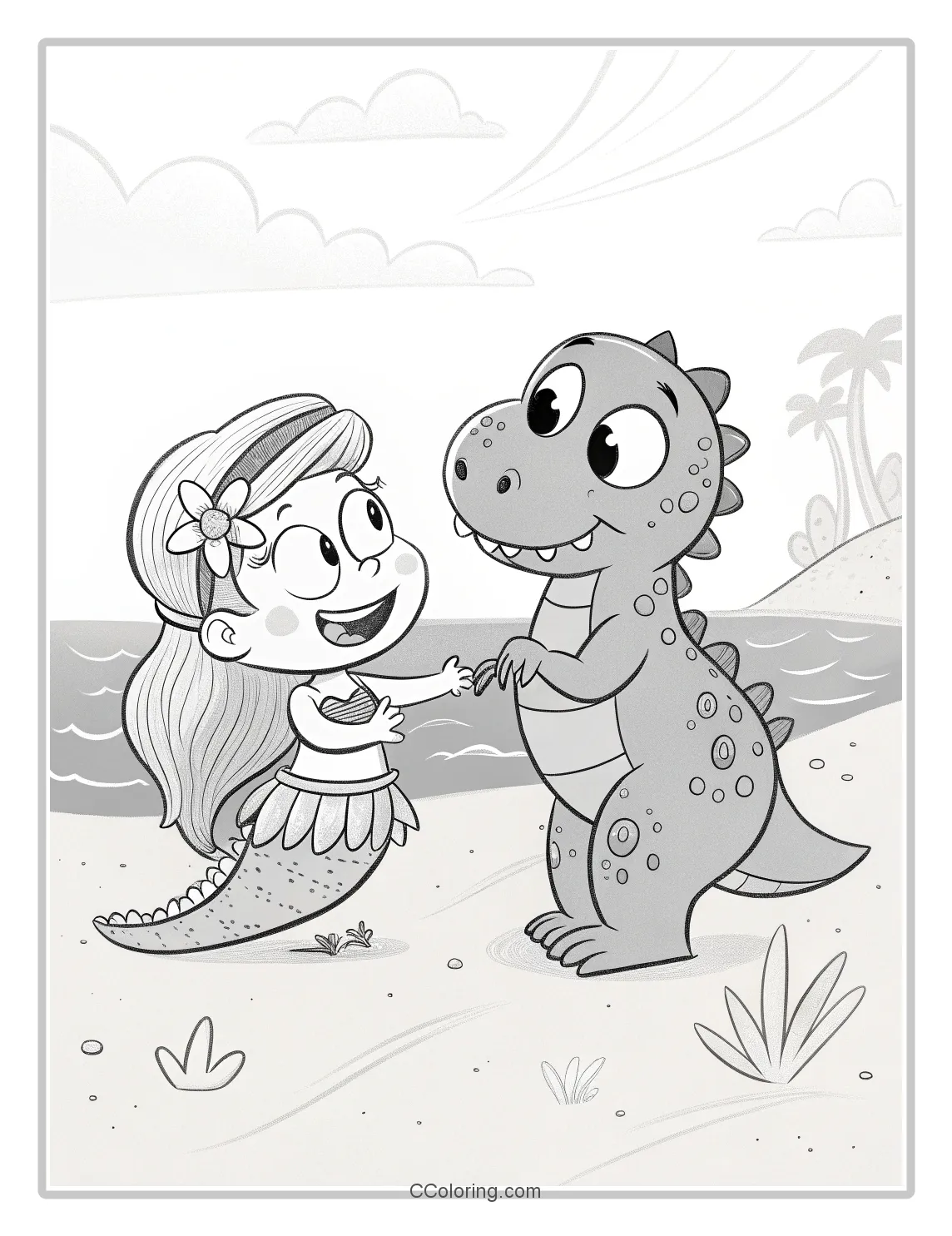 a baby T Rex and a mermaid with a big smile