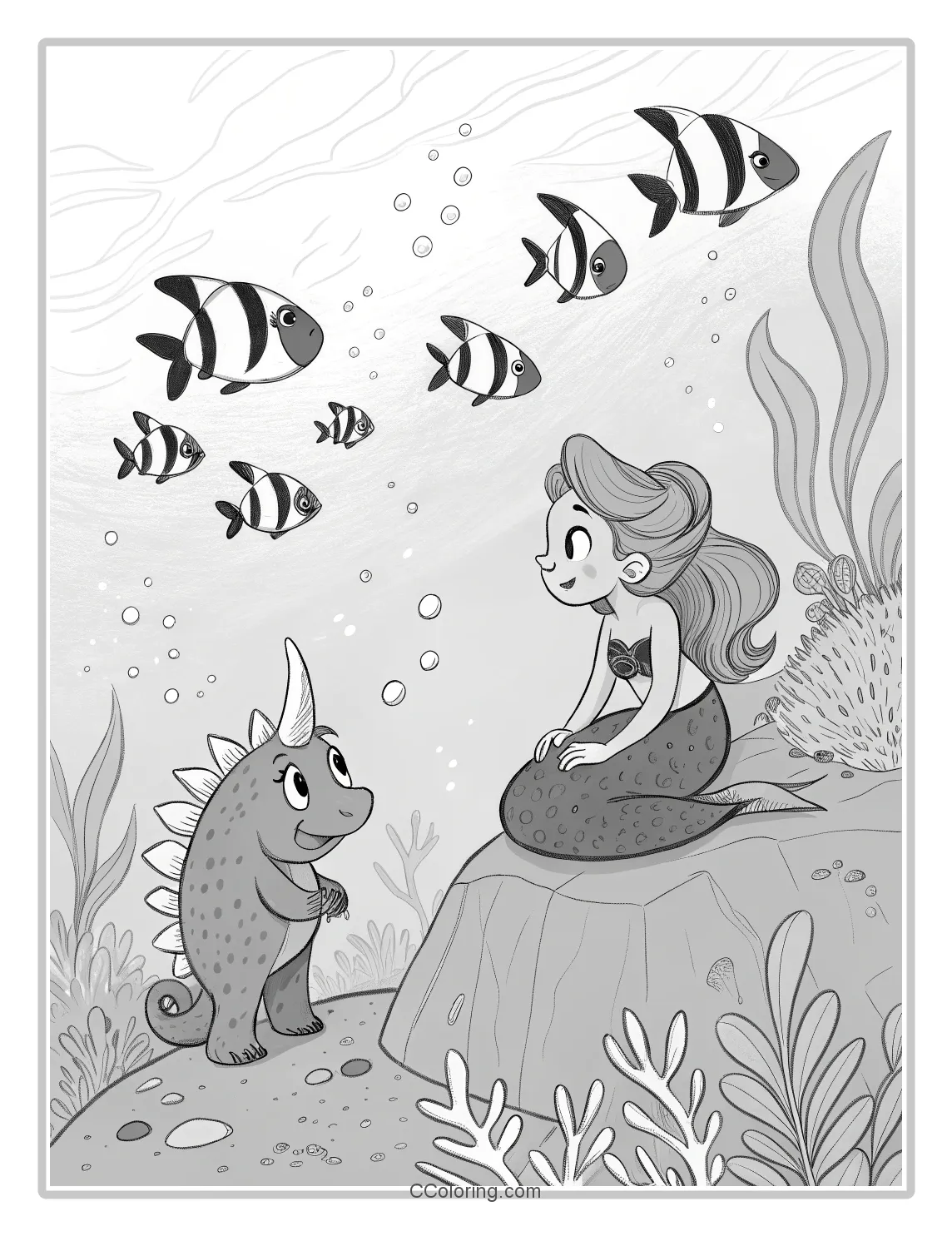 a baby Triceratops and a beautiful mermaid