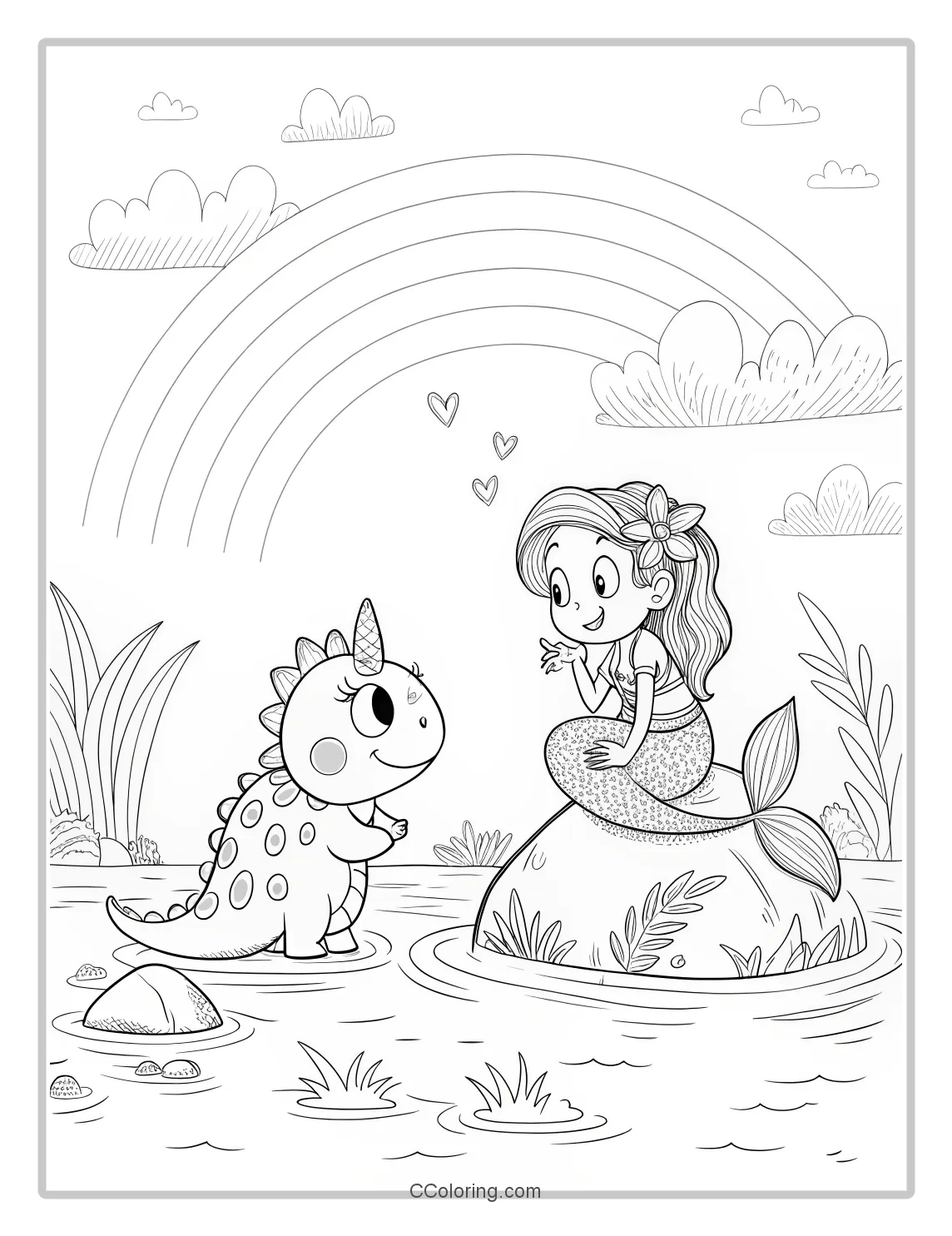 a baby Triceratops and a mermaid with a gentle smile