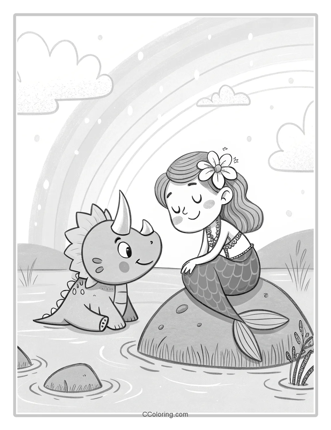 a baby Triceratops and a mermaid