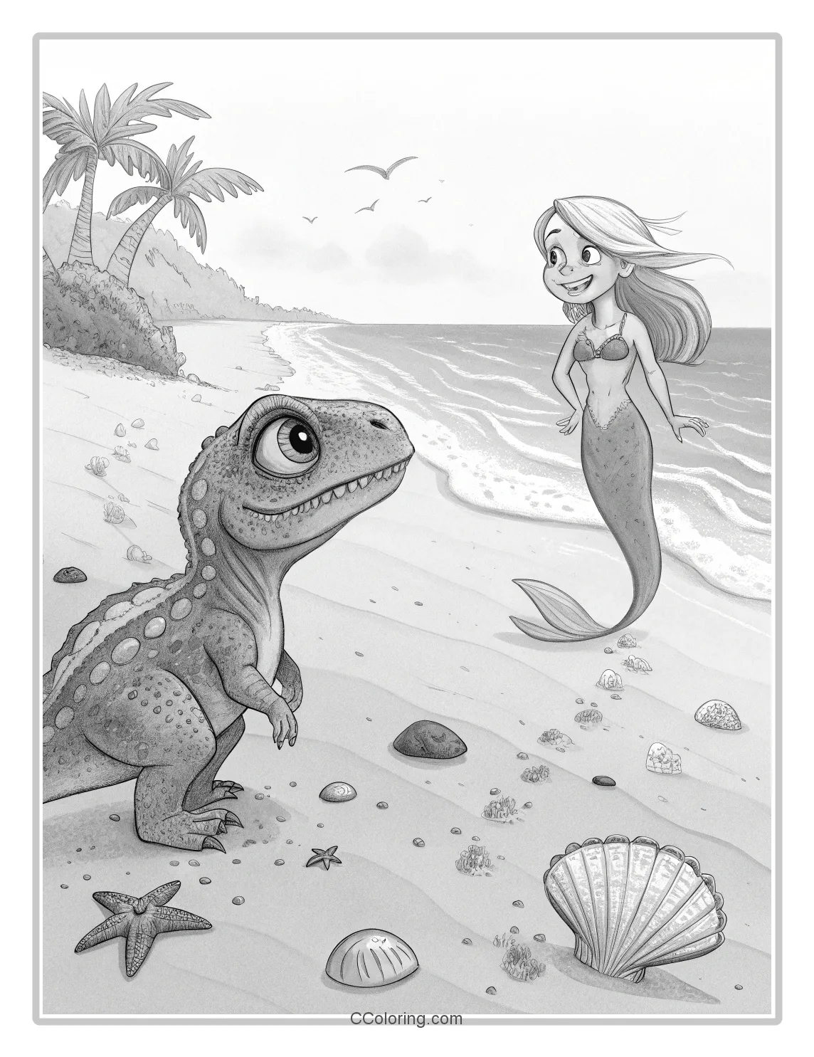 a baby Tyrannosaurus Rex and a beautiful mermaid