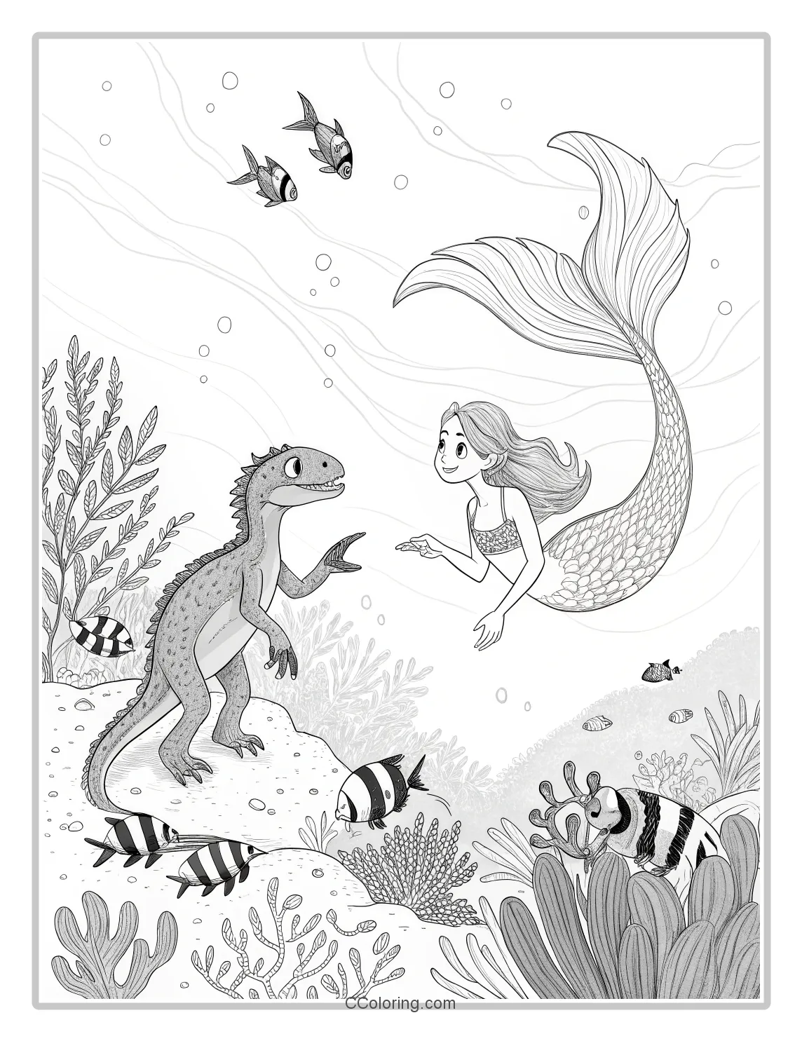 a baby Velociraptor and a beautiful mermaid