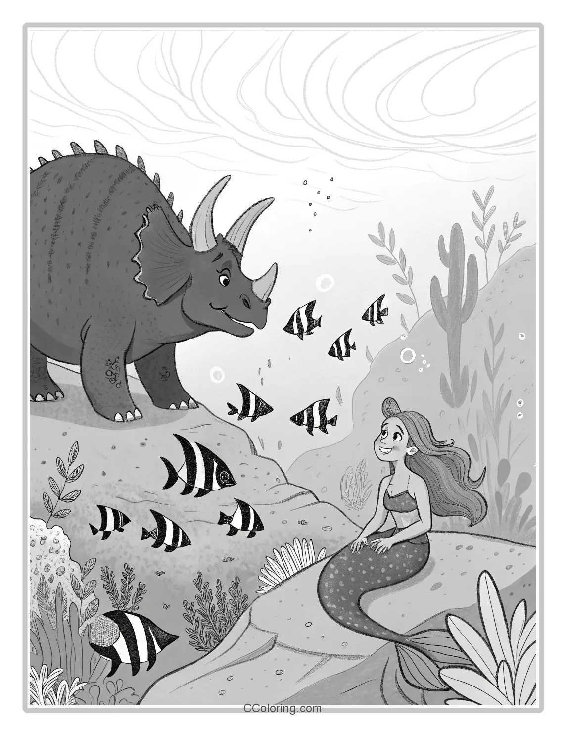 a big Triceratops and a beautiful mermaid