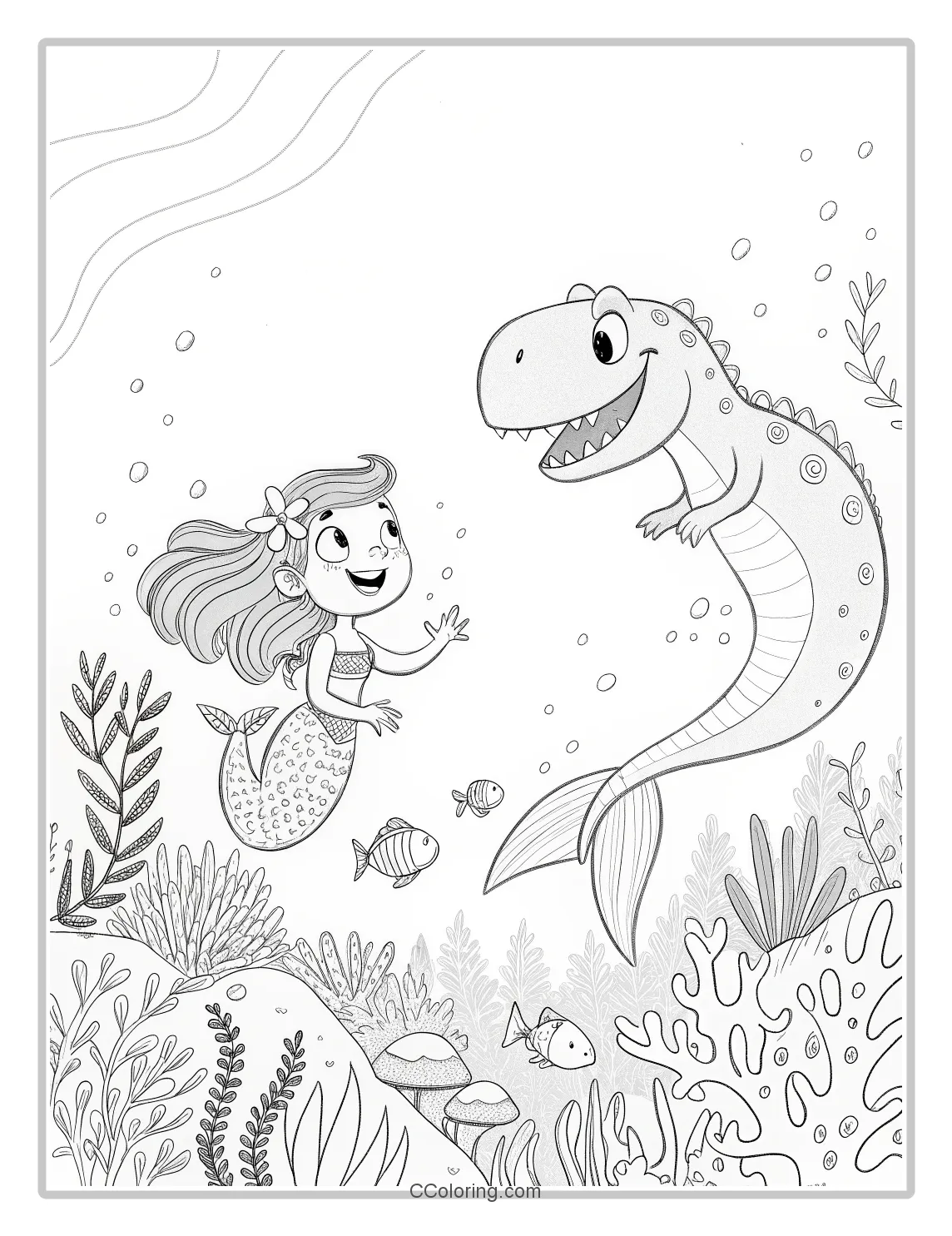 a cute cartoon T Rex and a friendly mermaid