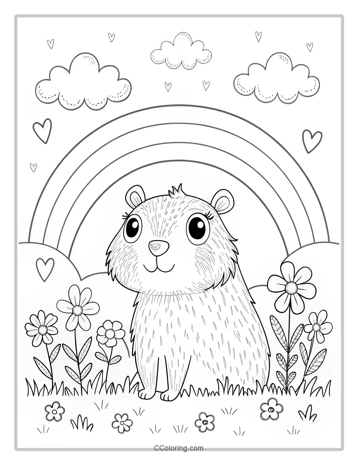 cute capybara coloring pages flowers and rainbows around it